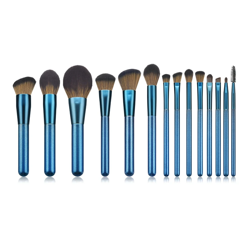 Ensemble de pinceaux de maquillage professionnels pour Blush, 14 pièces, Kit d'outils de Gouache bleu saphir blanc or