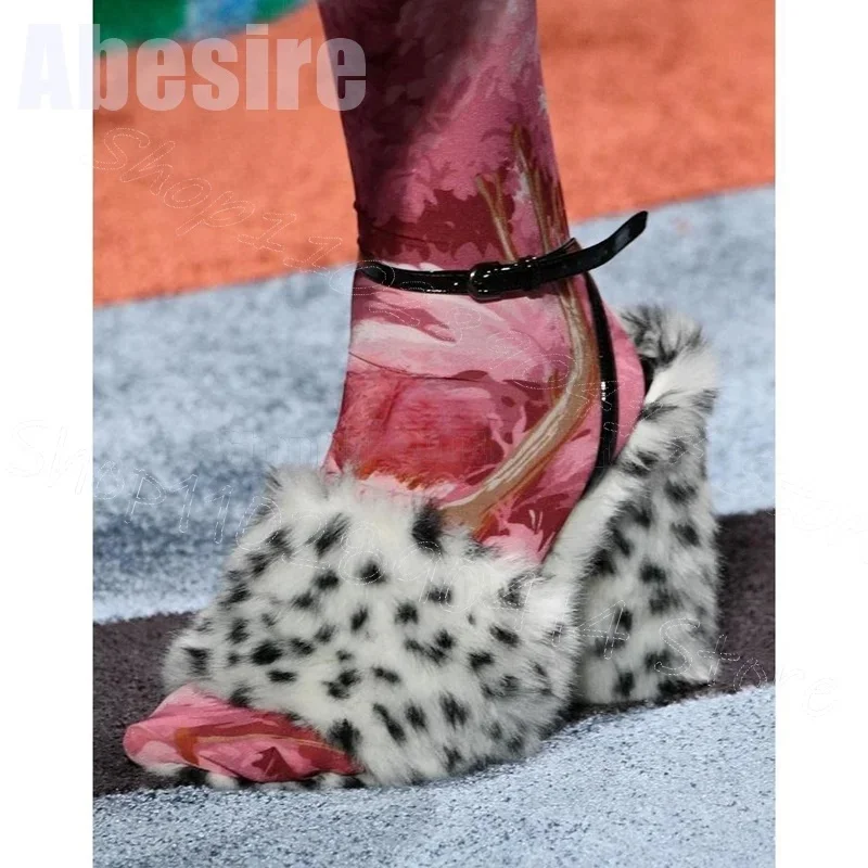 Fur Leopard Print Open Toe Warm Sandals Ankle Buckle Strap Women Shoes Chunky High Heels Party Banquet 2026 Zapatos Para Mujere