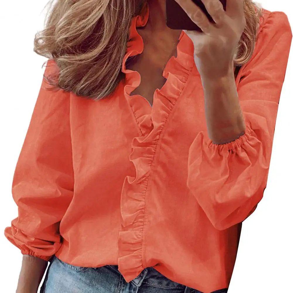 

Women Spring Summer Shirt Tops V-Neck Lantern Long Sleeve Casual Shirt Ruffle Trim Solid Color Pullover Tops Streetwear