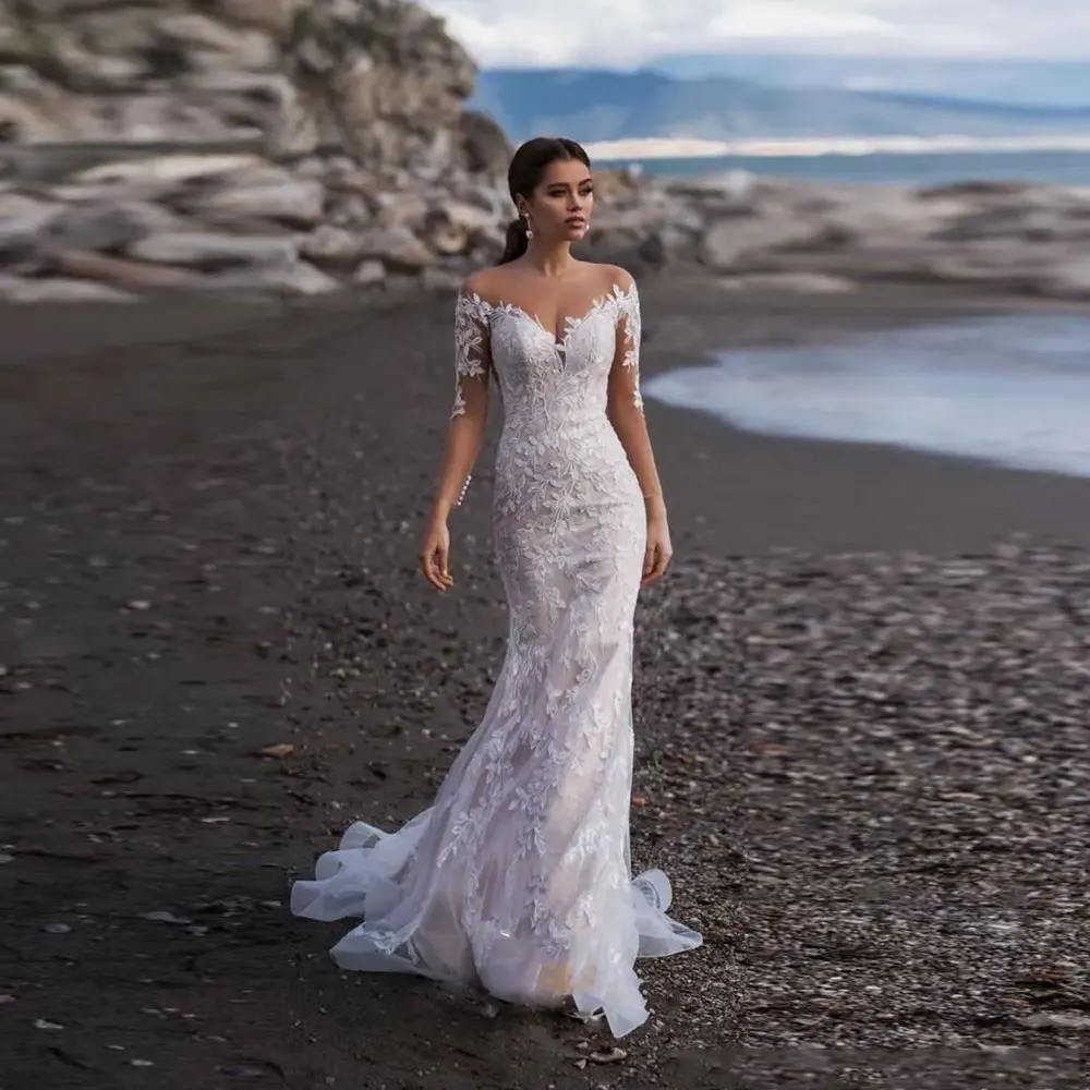 Robe de mariée sirène en dentelle avec appliques, robe de mariée de plage, train de balayage, quel que soit le patient, mariage, été, 2024