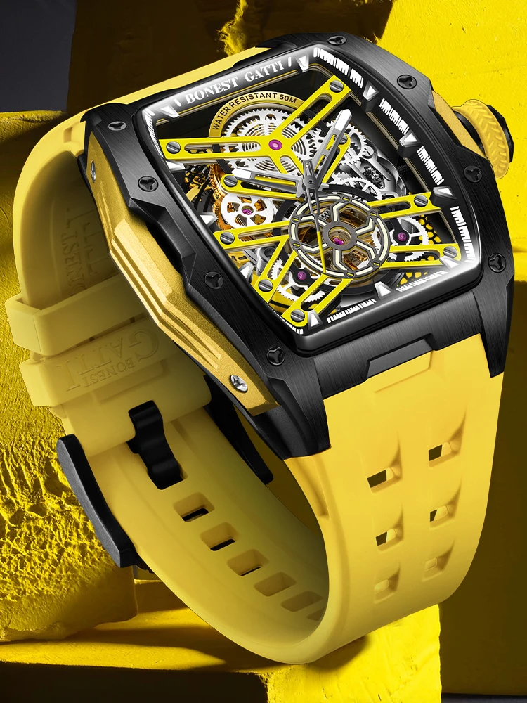 BONEST GATTI Men Automatic Watch 46mm Tonneau Mechanical Wristwatch Waterproof Luminou Sapphire Mirror Skeleton Dial