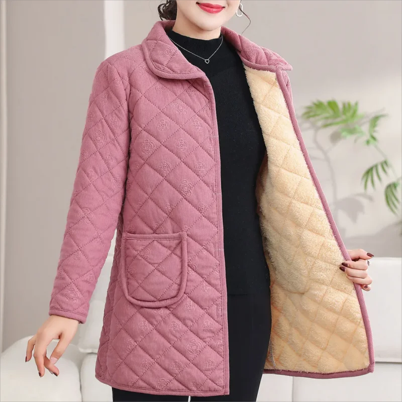 Add Velvet Coat Female Tops Middle Aged Women\'s Mid-Length Cotton-Padded Jackets Winter Warm Cold-Proof Overcoat