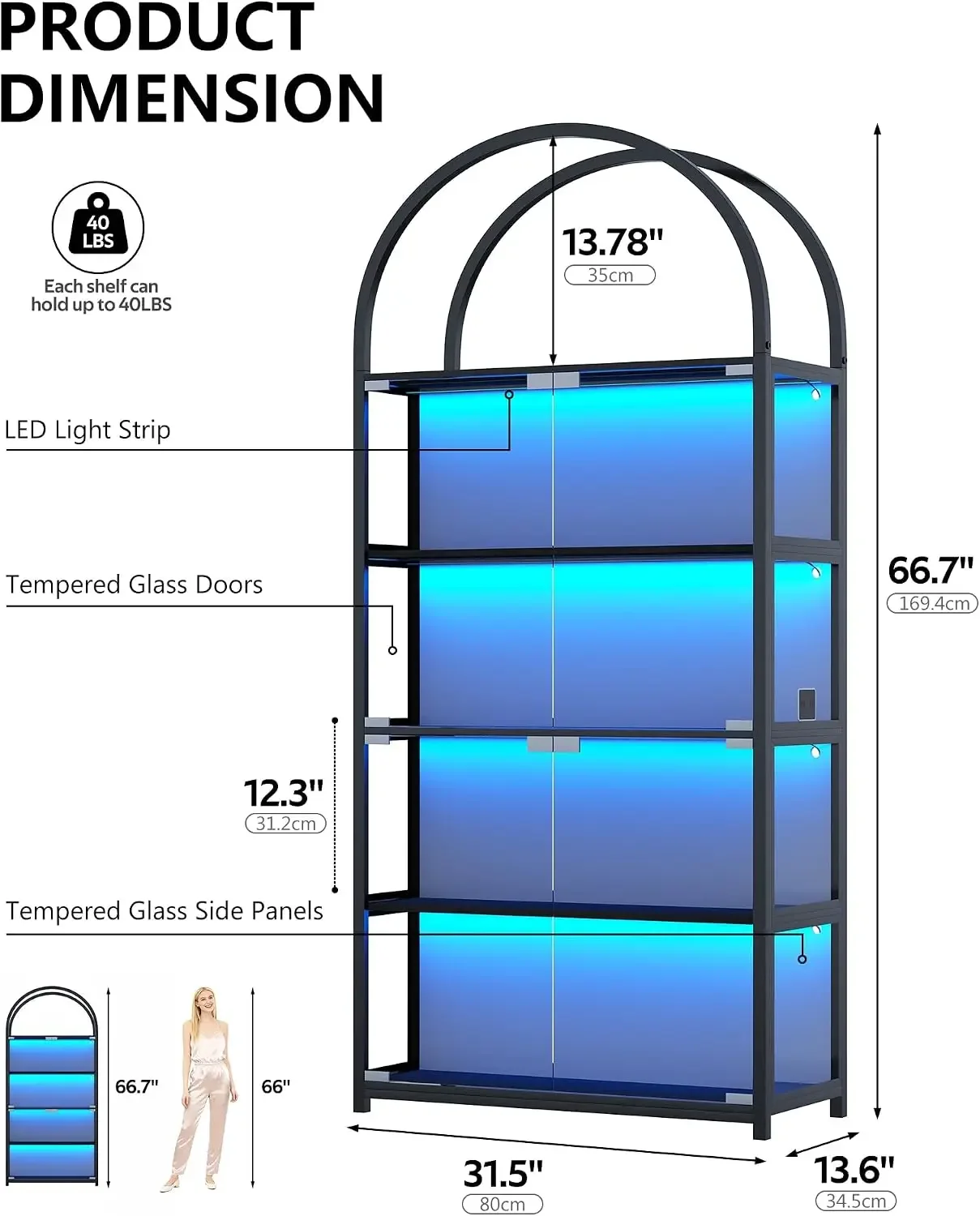 Display Arched Cabinet with Glass Doors, Curio Cabinet for Labubu Display 5-Tier Display Case with 7 Color RGB Lights for Collec