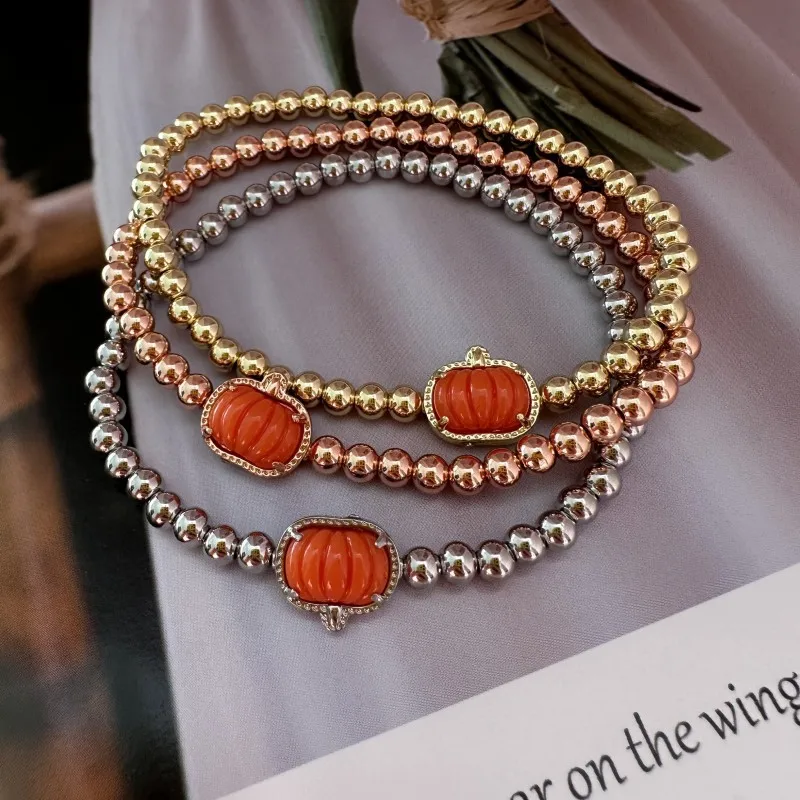 

VKVVA Halloween Orange Mother-of-Pearl Pumpkin Stretch Bracelet for Women Fashion Jewelry Unique Gifts