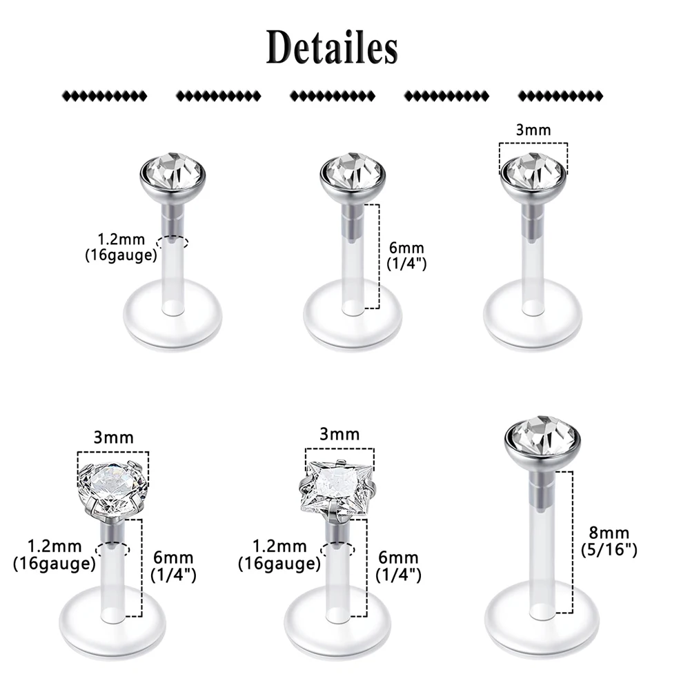 1pcs 16G Lip Rings Ear Studs Plastic Piercing Jewelry Push in Cartilage Earring Clear Rod Tragus Earrings 6mm 8mm 10mm