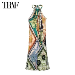 TRAF Print Boho Midi Dresses for Women off Shoulder Halter Dress Woman Summer Evening Dresses Women Draped Beach Female Dress