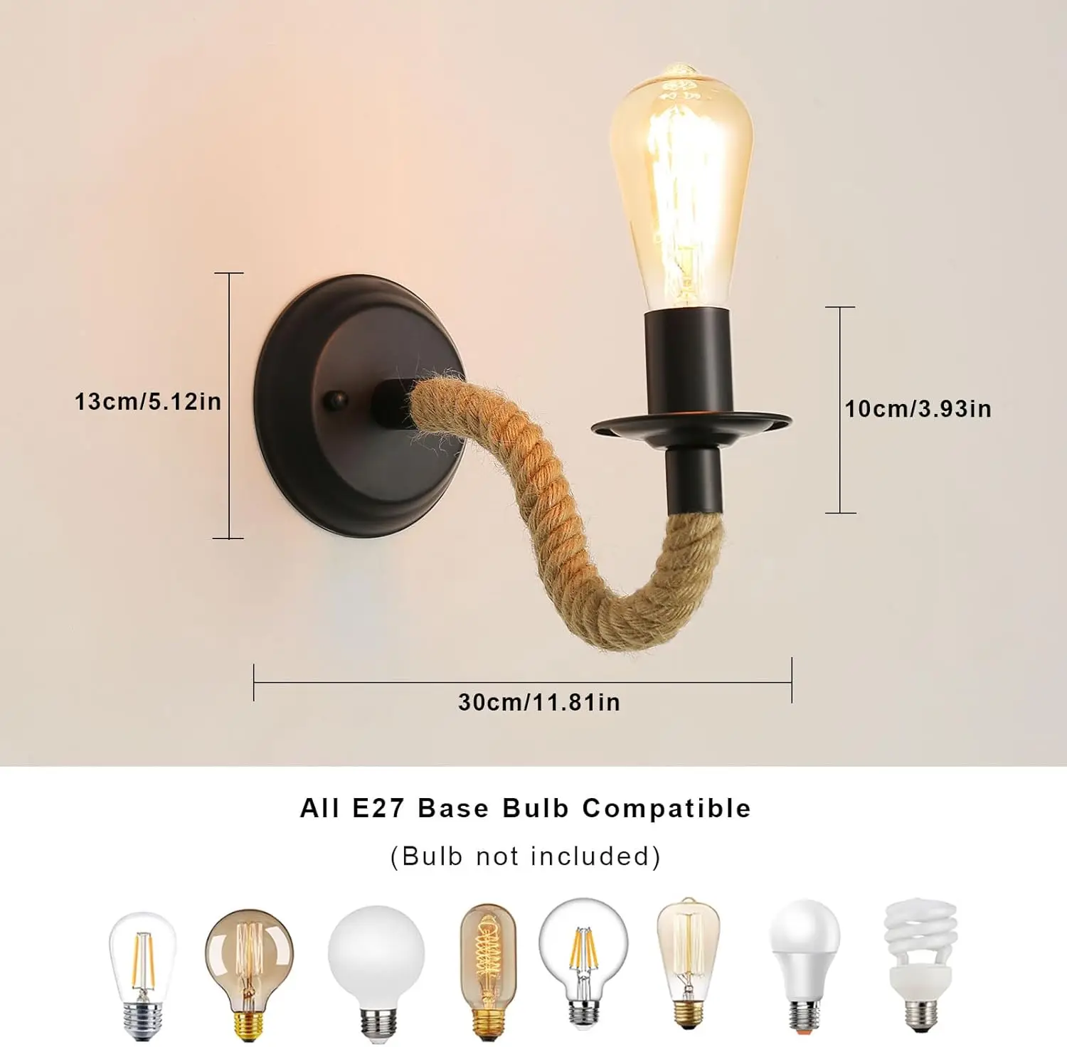 2 Stück Innen-Wandleuchten, industrielle Vintage-Hanfseil-Wandlampe, Wandleuchte für Flur, Loft, Schlafzimmer [27er-Glühbirne nicht enthalten] – Detail 1