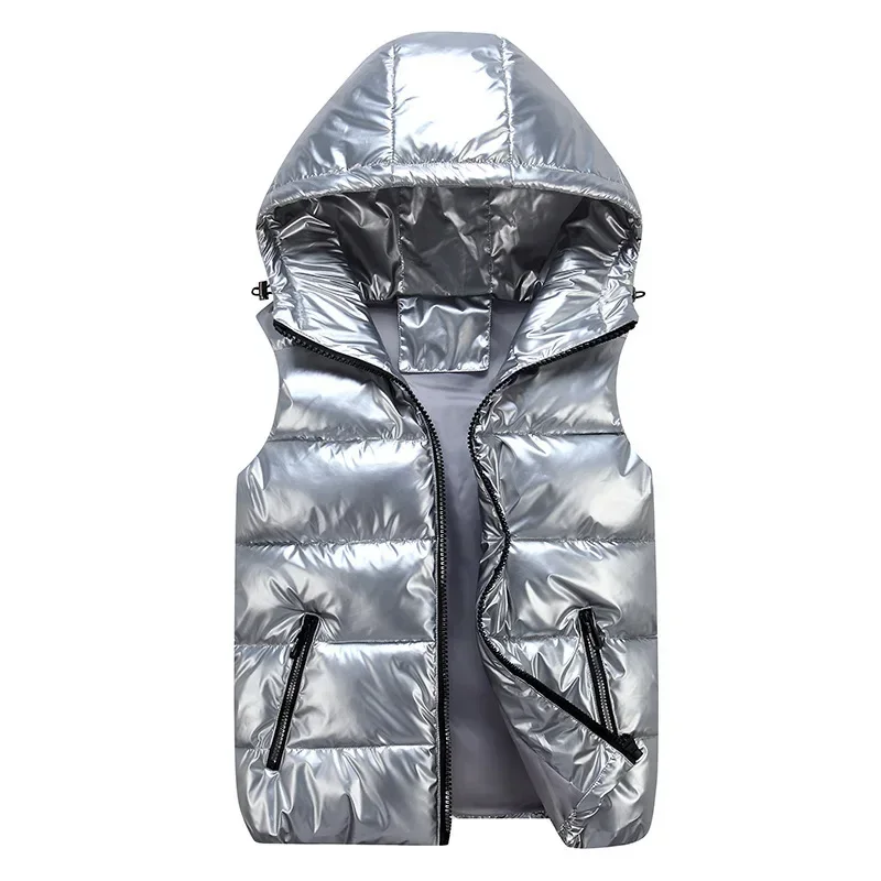 Fashion Couple Shiny Cotton Padded Jacket Waistcoat Men\'s Warm Hooded Vest Autumn Parent-child Wear Sleeveless Cotton Tops Parka