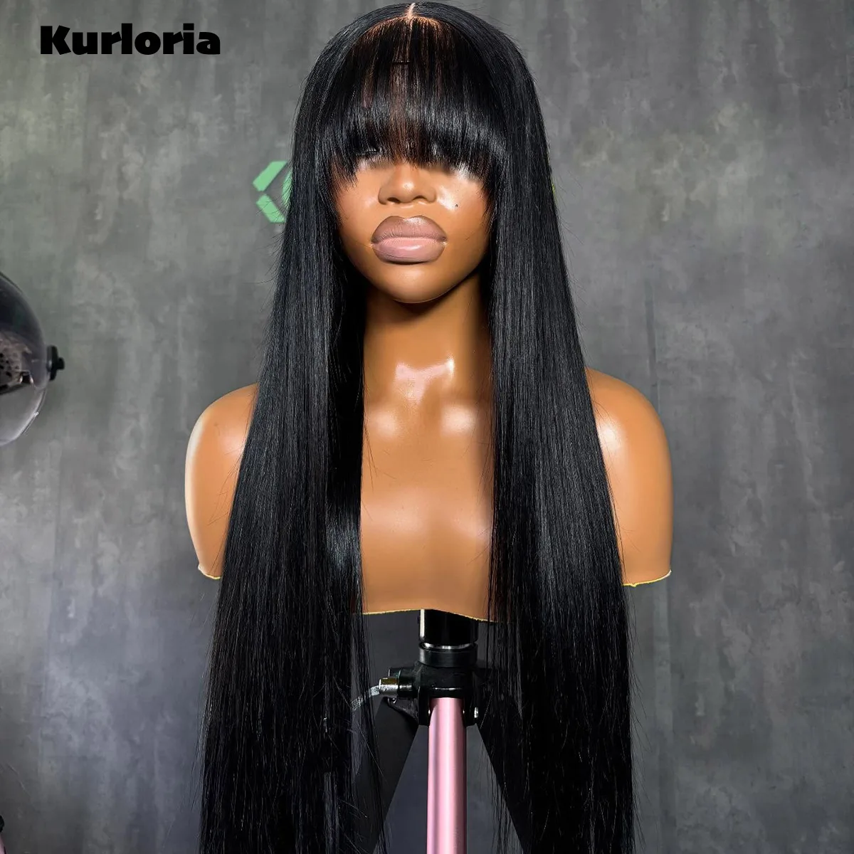 Black Silky Straight Human Hair Wig with Bangs 3x1 HD Transparent Lace Closure Wig Wear and Go Drawstring Glueless Pre Plucked
