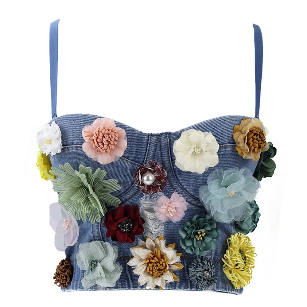 

Sexy Foral Denim Tube Top Contrast Denim Tank Short Crop Tops Multi Color Sling Chest Wrap Outer Jean Underwear Women Corset