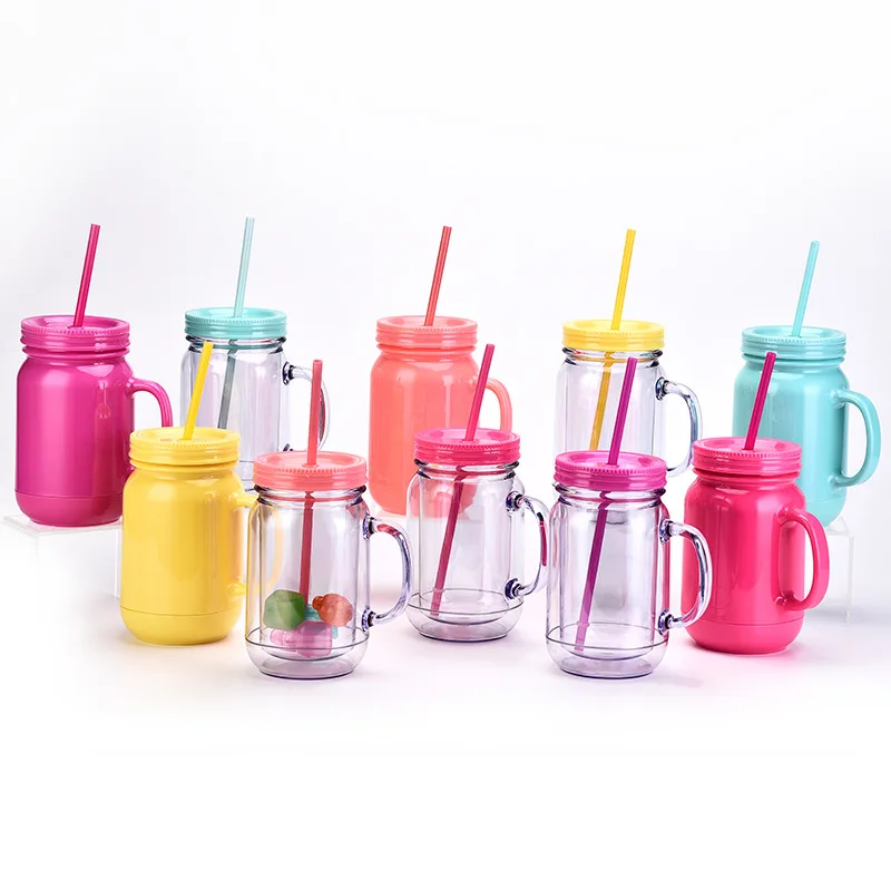 

20oz Solid Color Plastic Cup with Straw Handle Double-layer Plastic Mason Bottle Daily Hand Cup