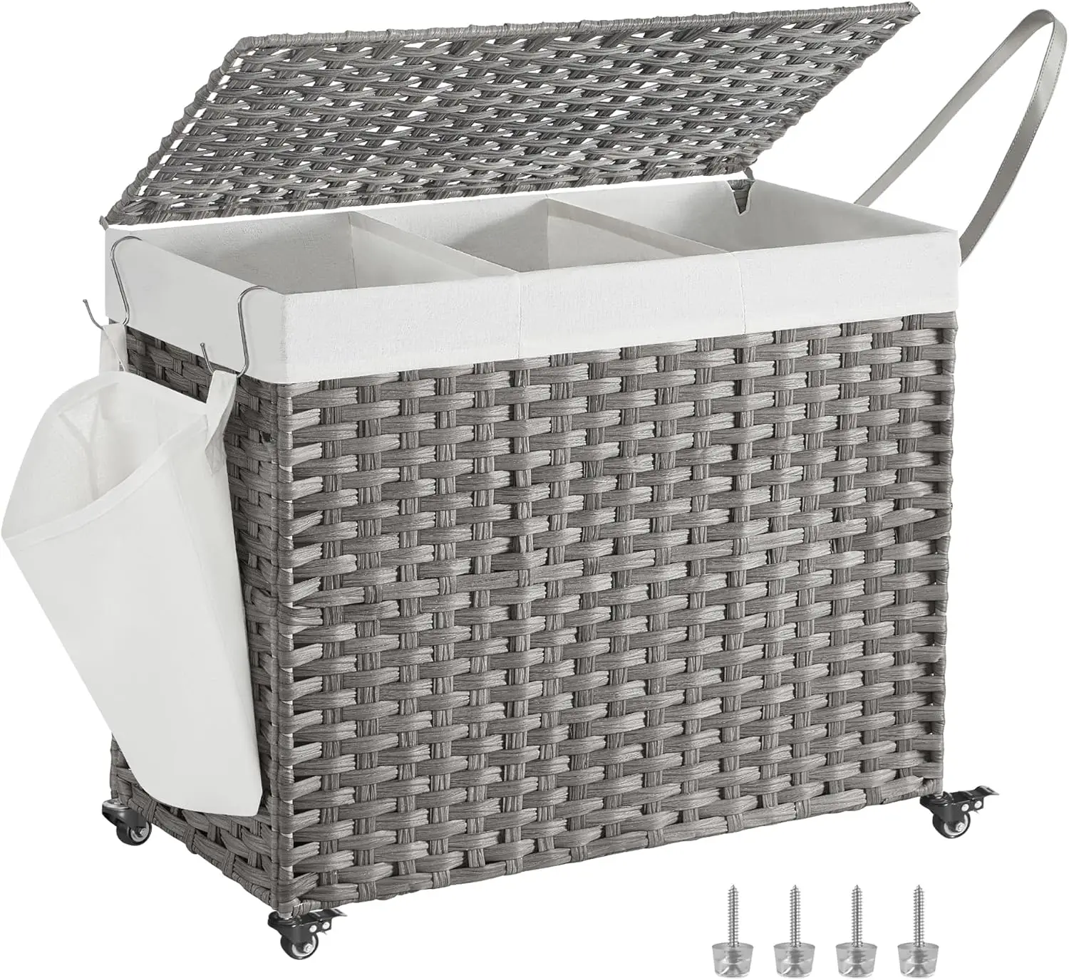 

3-Section Rolling Laundry Hamper 42.3 Gal with Lid, Wheels, Removable Liner, Gray