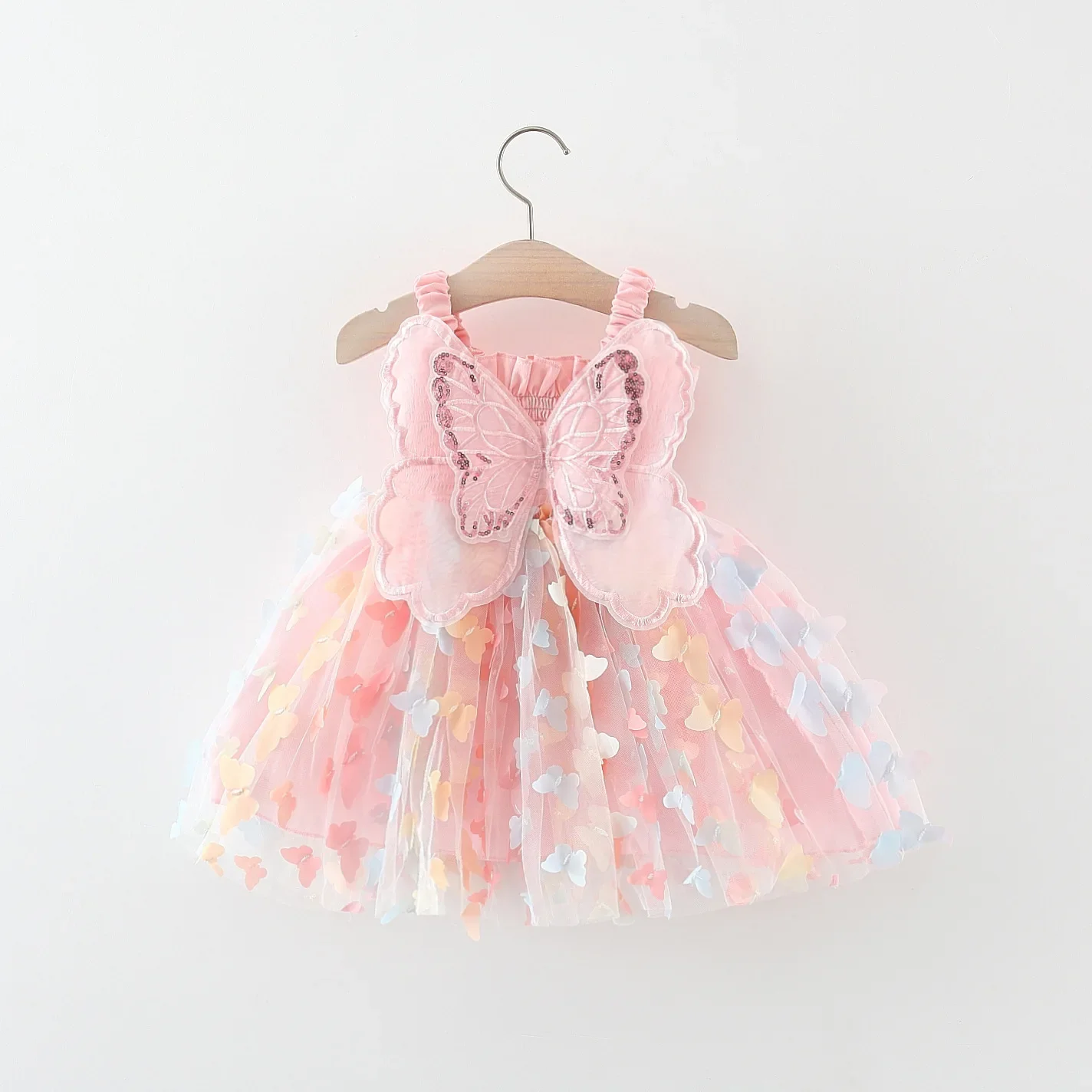 Summer girl's camisole dress with rainbow butterfly print mesh patchwork butterfly wings sleeveless fluffy skirt