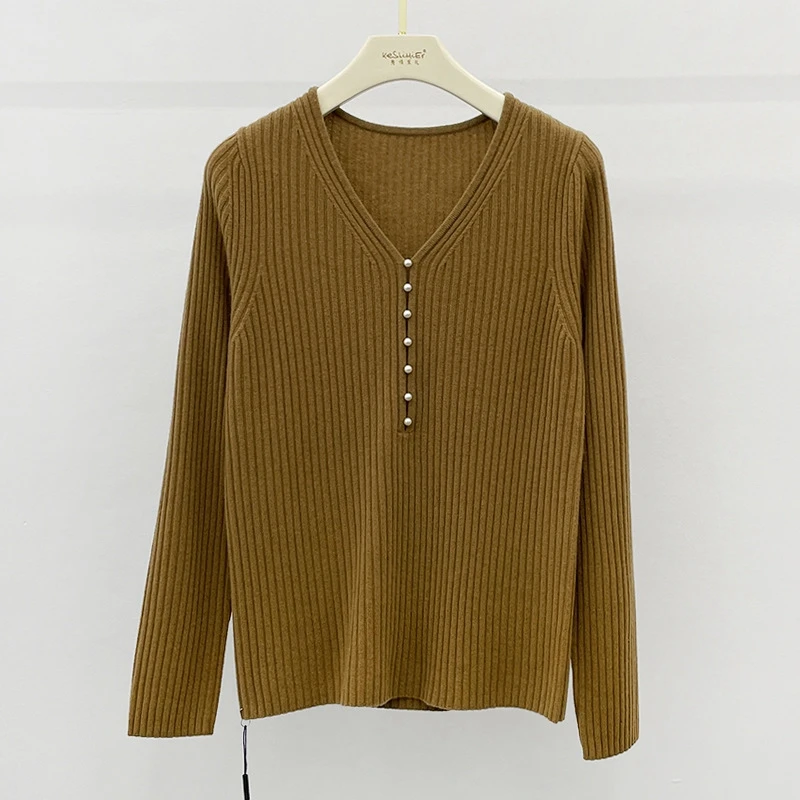 pearl button elegant sweater v neck women pullover autumn sweaters yellow tops woman clothes green top shirt cute chic knitted