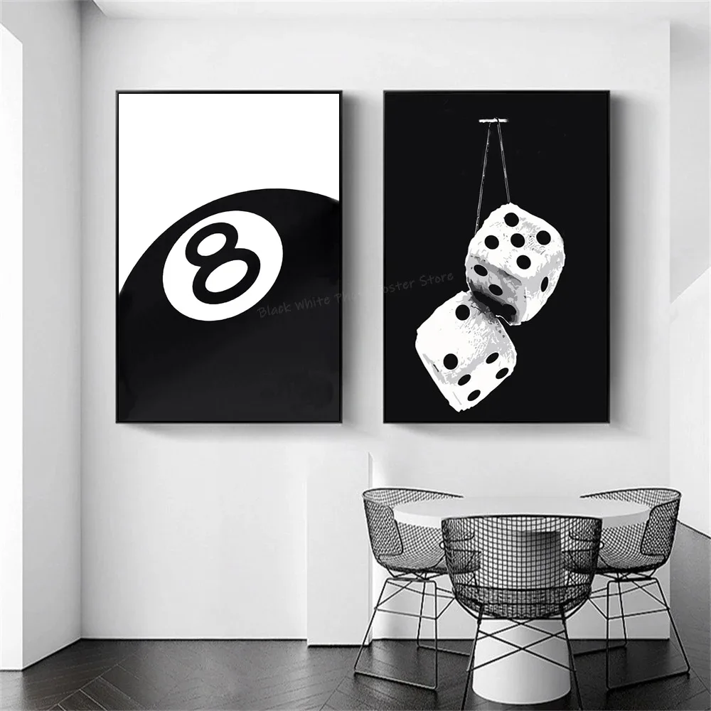 Black and White No.8 Ball Art Poster Billiards Club Theme Wall Art Canvas Painting Prints Living Room Corridor Home Decor