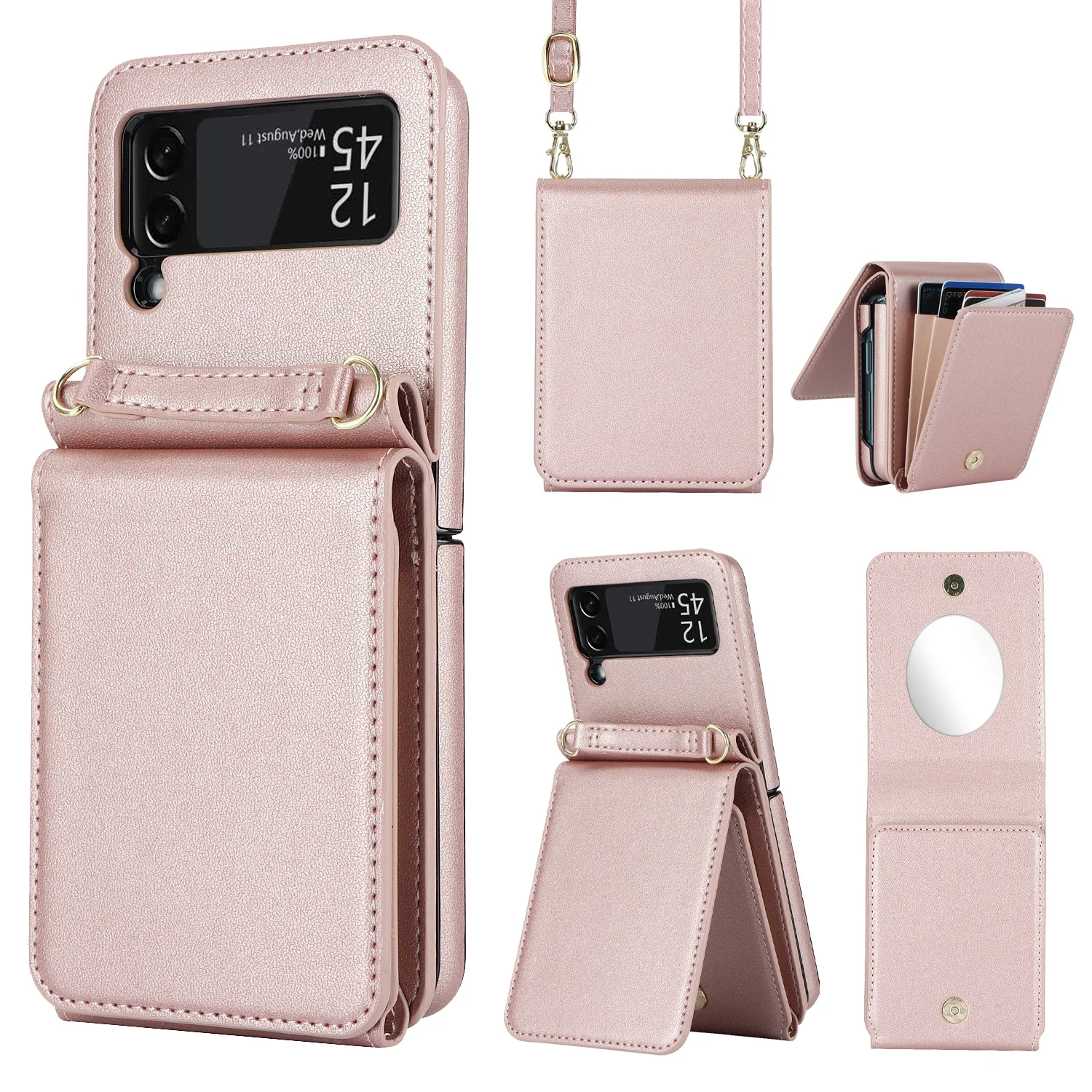 

Crossbody Lanyard Wallet Card Solt Mirror Case For Samsung Galaxy Z Flip 5 4 3 5G Flip5 Flip4 Cards Holder Strap Purse Bag Cover