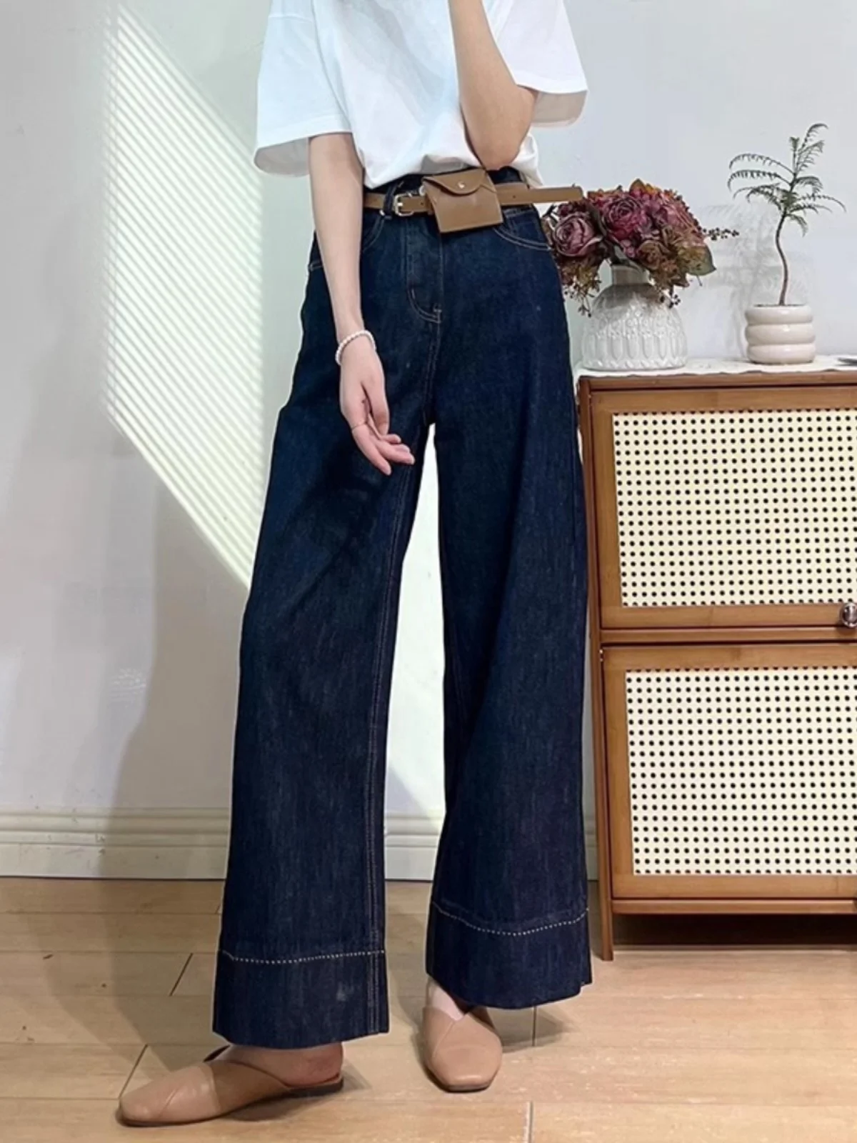 

Deep Blue High Waist Thickened Fleece Women's Straight Leg Jeans Winter High Waist Wide Leg Pants for Pear Shaped plus Size
