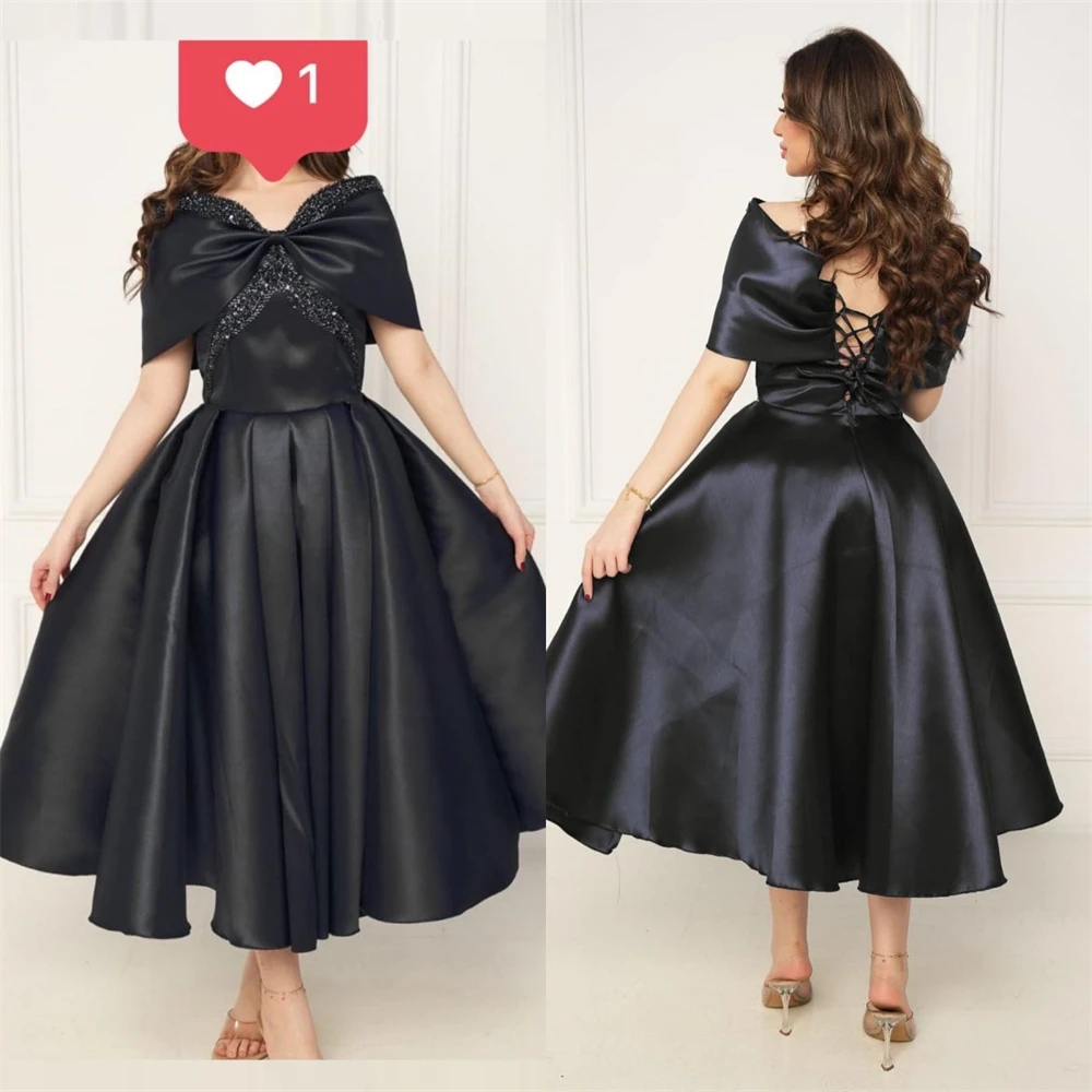 Customized  Evening Gown Saudi Arabia V-neck A-line Anke Length Bows Open Back Skirts Draped Bespoke Occasion Dresses