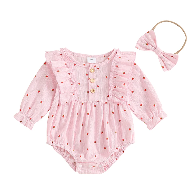 

Newborn Baby Girl Strawberry Romper Ruffle Long Sleeve Bodysuit Headband Infant Fall Outfit