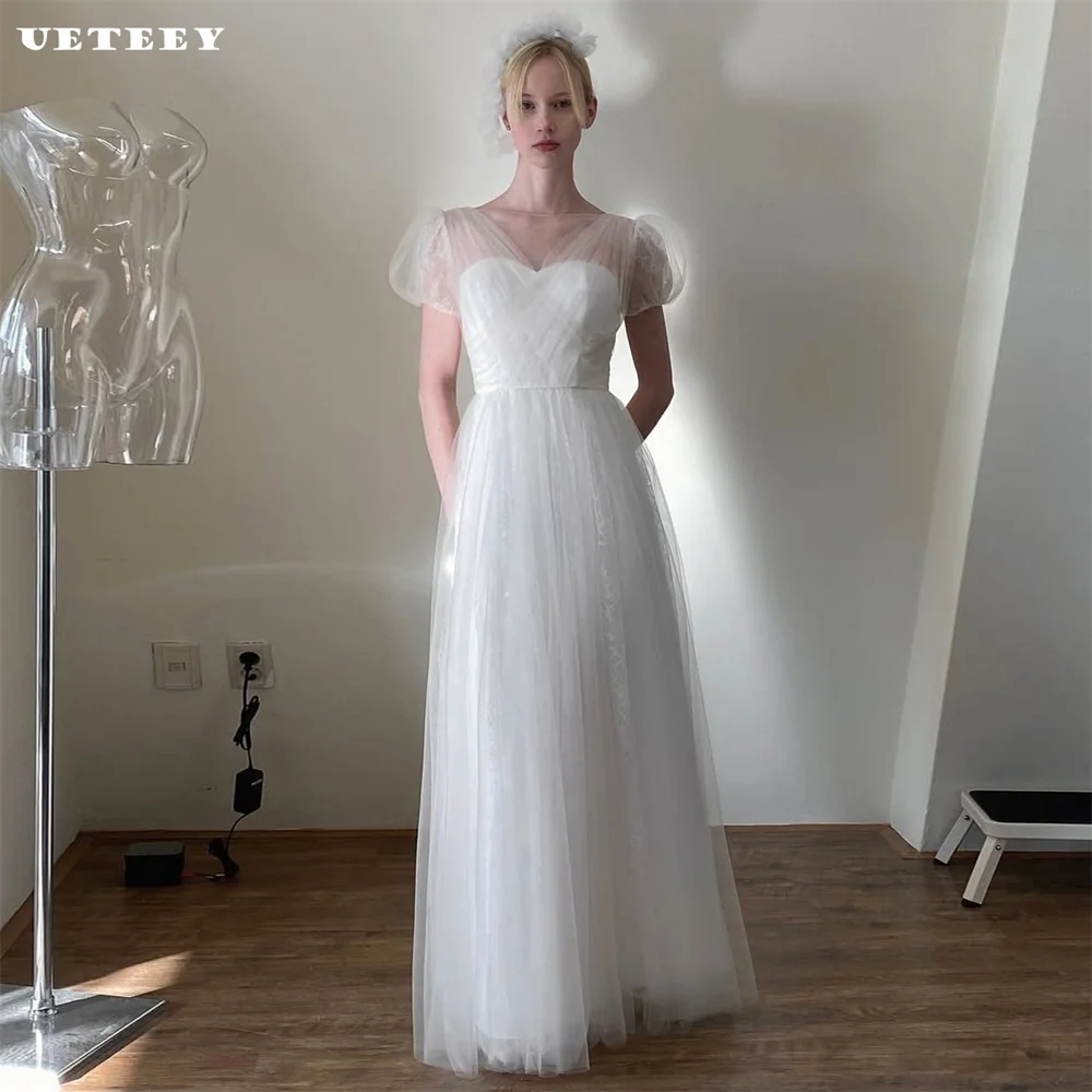 

UETEEY Customized Korea Simple Puff Sleeves V Neck Lace A Line Wedding Dress For Women Lace Up Back Floor Length Bridal Gown
