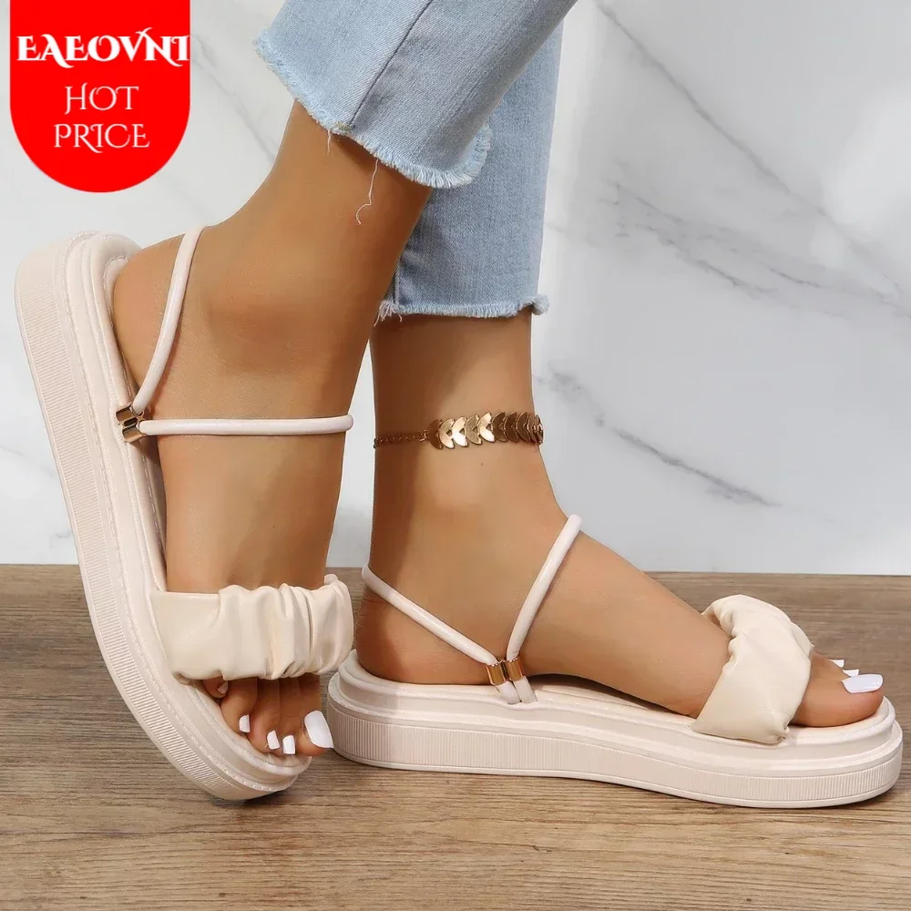 Women Beige Pleated Design Wear Slingback Sandals, Ruched Detail Open Toe Flatform Sandals Daily Shoes