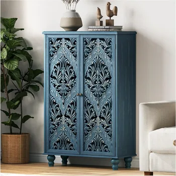 Image Tall Storage Cabinet,Accent Cabinet with 2 Doors,47" Tall Narrow Cabinet with Solid Wood Legs,Decorative Cabinet with Shelves