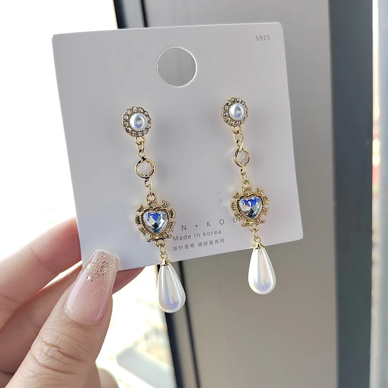 Pearl Earrings For Women Fashion Long Retro Style Zircon Heart Silver Needle Earrings Water Drops Pearl Pendant Ear Jewelry Gift