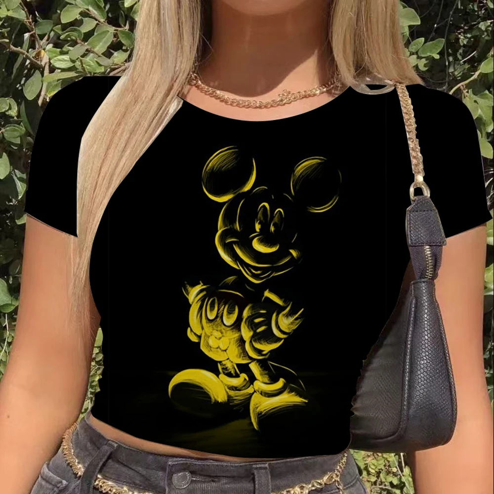 Damski sweter dziergany, dopasowany T-shirt, damski top na szydełku z krótkim rękawem, odkrywający pępek, z motywem Myszki Miki, nowy, damski, letni.