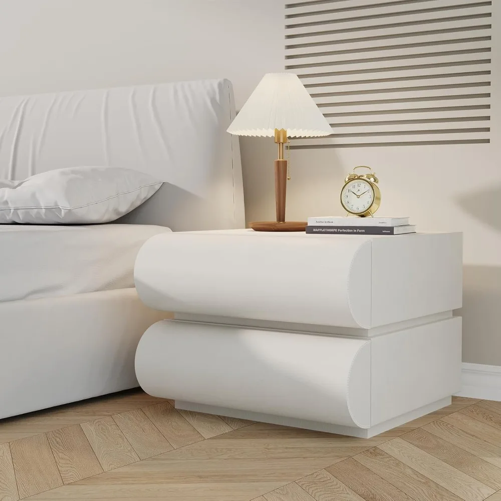 

modern nightstand with storage, small end table with upholstered leather finish, 2 solid wood drawers for bedroom bedside couch