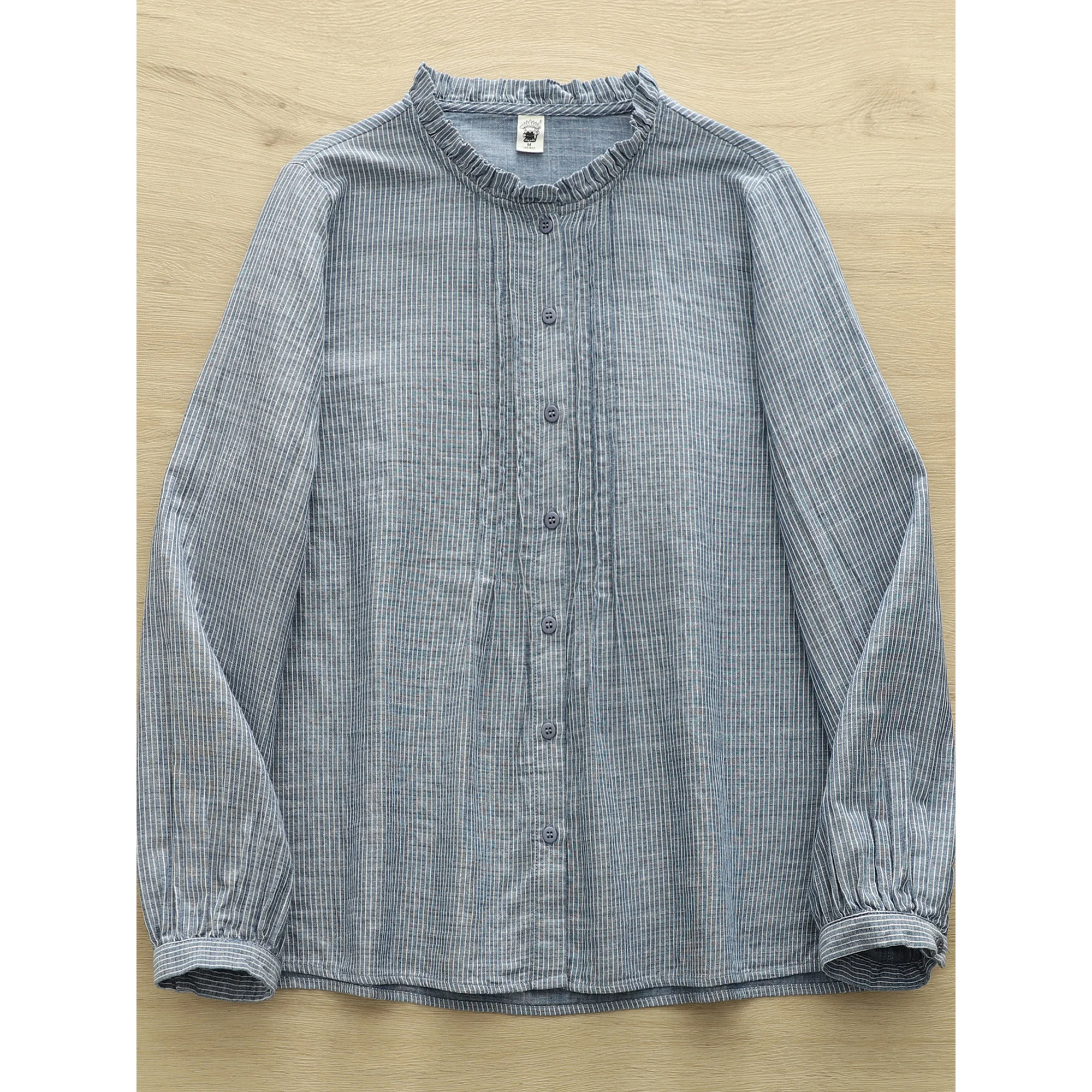 ريترو Sle المرأة فضفاضة القطن irt ربيع الخريف منقوشة طبقة مزدوجة Sve الوقوف طوق المضادة للتجاعيد طويلة Sve #4