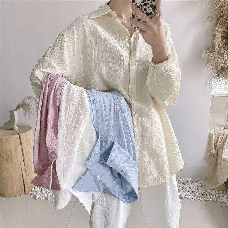 

New High-End Light Luxury Pleated Texture Loose Allmatch Cleanfit irt for Women Long Sve Thin Fabric Resistant to D...