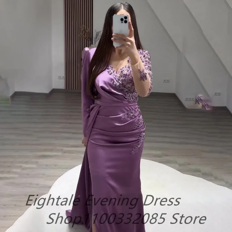 Eightale personalizado sereia roxo vestido de noite manga comprida luxo apliques lado fenda chão comprimento Formal Prom Party Gown