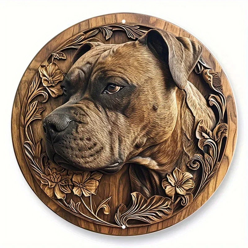 Sign Faux Woodblock Print Circular Wreath Sign Bedroom Decoration Fathers Gifts American Staffordshire Terrier Themed Decoration