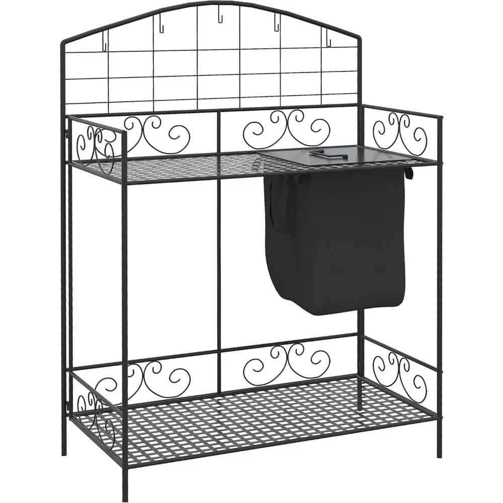 

Folding Potting Bench Table, Metal Garden Workstation, Work Bench with Large Build-in Bag with Cover, Hanging Hooks