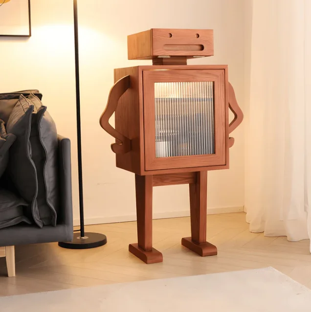 Retro Wooden Robot Wine Side Cabinet Home Decor Floor Standing Storage for Kitchen Organization Kitchen Organizer