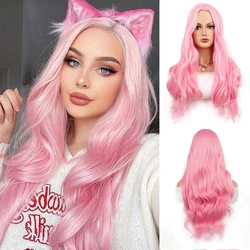 Pink Wigs for Women Long Pink Wavy Wig Middle Part Pastel Pink Wig 26 inch Natural Curly Synthetic Wig for Daily Party Use