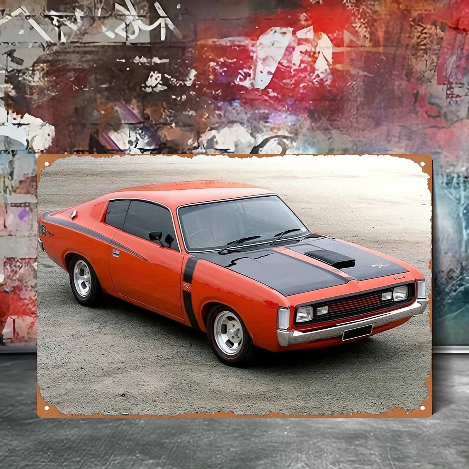 Vintage Muscle Car Metal Wall Art Iron Tin Sign - Vibrant Orange,Black Retro Automotive Decor for Garage, Bar, Man Cave, L