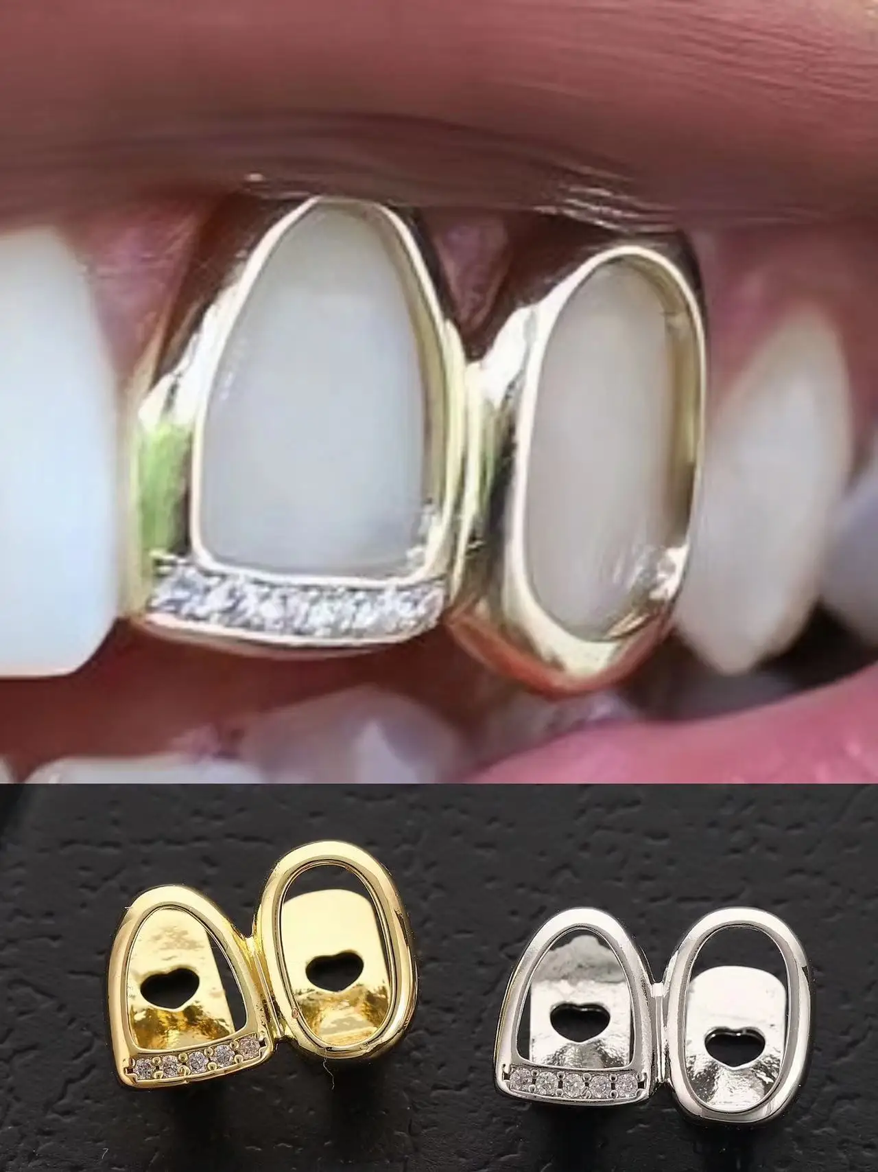 

New 2 Hollow Style Bling Iced Out Teeth Grillz Hip Hop Top & Bottom Grills Dental Mouth Punk Teeth Caps Cosplay Party TG135