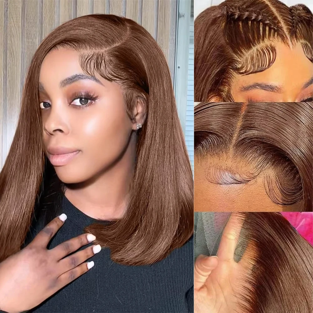 

#4 Chocolate Brown 13x4 HD Lace Frontal Wigs Short Bob Wig 220% Density 100% Brazilian Human Hair Wig Pre-plucked for Women
