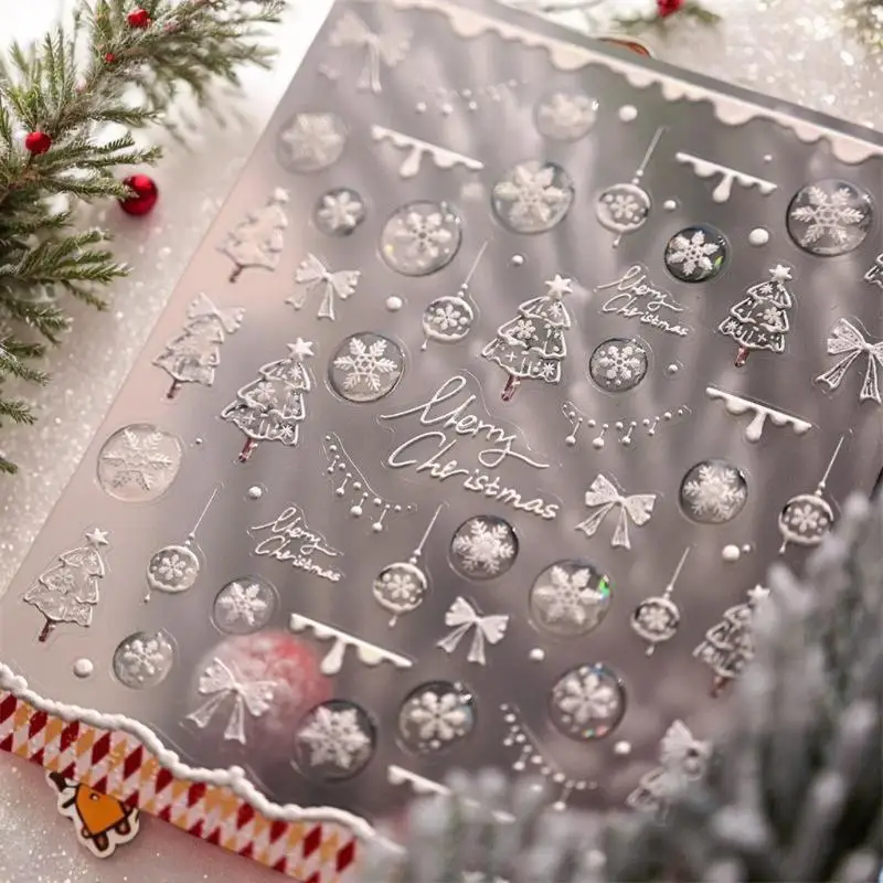 لطيف عيد الميلاد نمط الأبيض شجرة عيد الميلاد ندفة الثلج مسمار الفن ملصقات القوس الأحمر مسمار الفن طباعة تنقش ملصق احتفالي مسمار ديكور