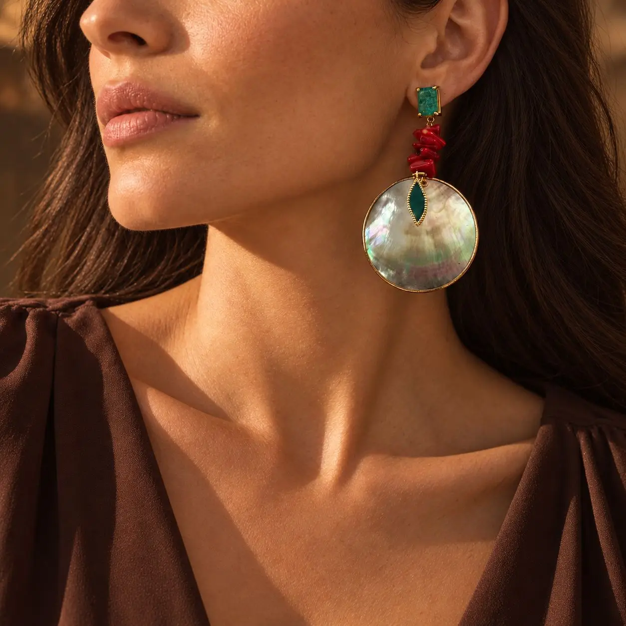 Coral Shell Round Slice Long Dangle Earrings Copper Set Zircon Leaf Enamel Vintage Vacation Ear Jewelry For Women Accessories