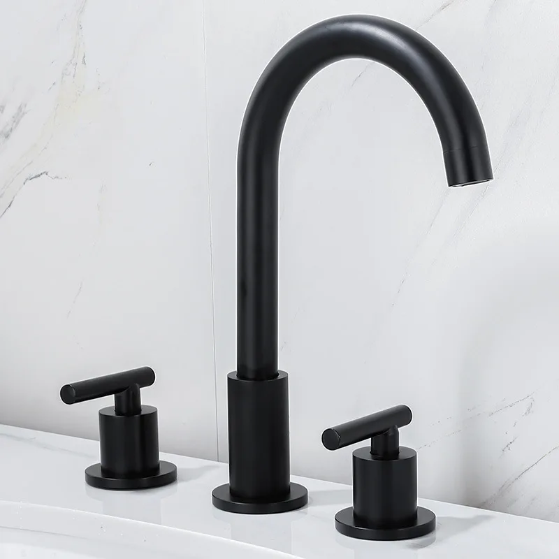 Black Three-Hole Faucet Hot And Cold Water Three-Piece Household All-Copper Three-Hole Split Faucet Basin Bathroom Cabinet