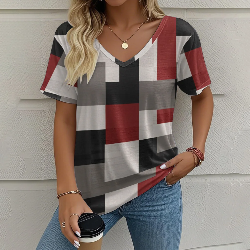 Image of Frauen V-ausschnitt Kurzarm T-shirt Tops mehrfarbige montage Grafik 3D Druck T-shirt Sommer Weibliche Casual Übergroße Kleidung