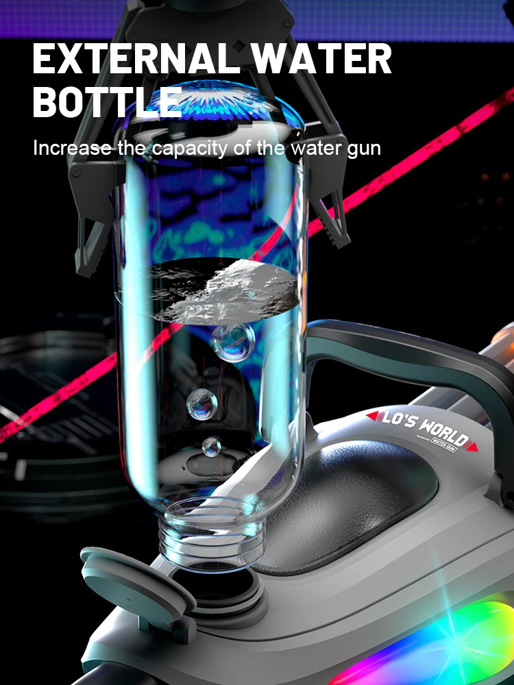 회전식 총열 조명과 대용량 물탱크가 있는 전동 개틀링 물총 장난감, 어린이 및 성인용 수영장 물놀이 장난감