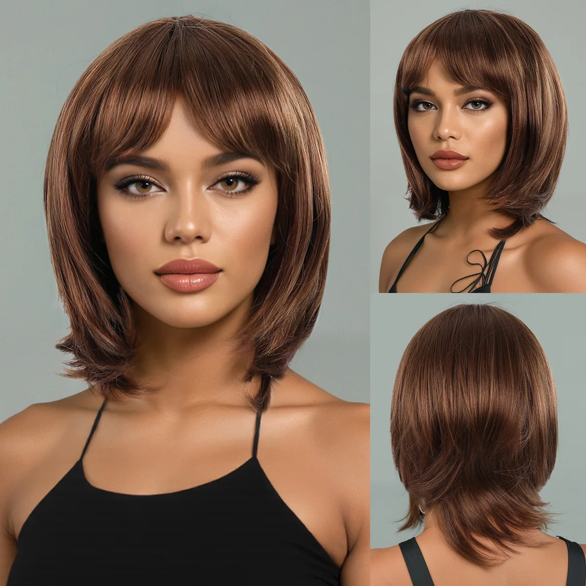 Cross border foreign trade wig women's short straight hair brown European and American fashion short hair-Synthetic fiber wig