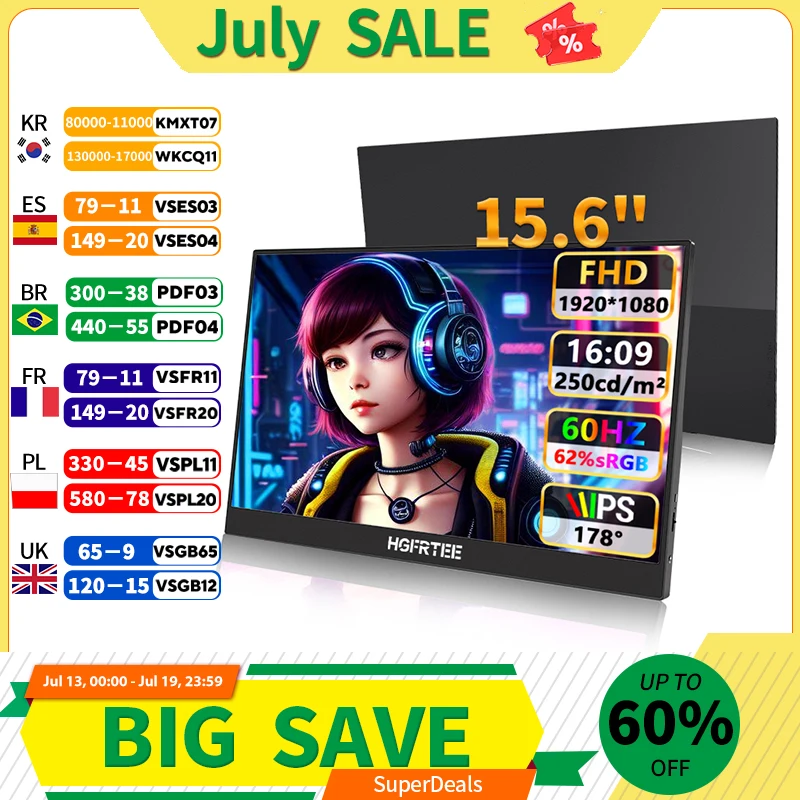 HGFRTEE Ultra-Slim Portable Monitor 15.6'' FHD 1080P 250cd/m Dual Type-C & HDMI Interface for Laptop PC Phone PS4 Xbox Switch