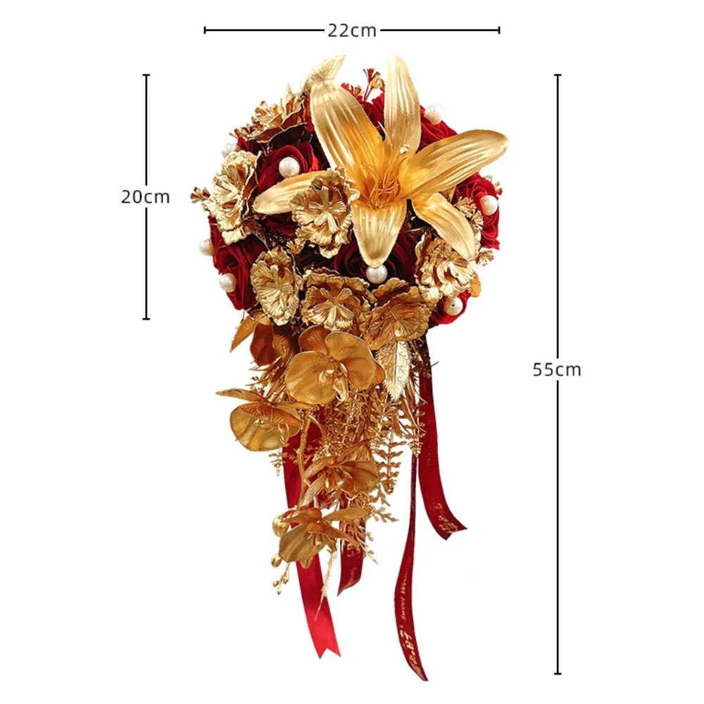 Chinese Gold Bouquet Artificial Flowers Decoration with Pearls Artificial Flowers Bouquet for Room Home Decor Wedding Decoration