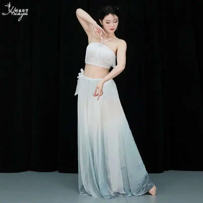 

Chinese Style Classical Dance Body Rhyme Costume Fairy Style Gradient Drifting Yarn Skirt Pants Practice Dress Professional
