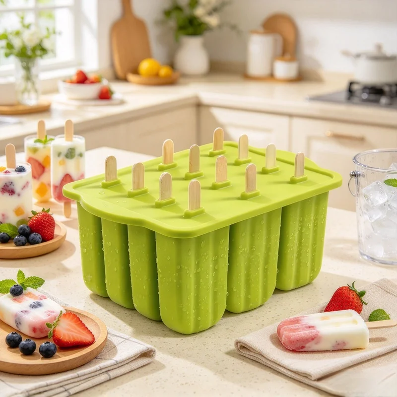 12 Cavity Silicone Ice Pop Molds, Freezer Homemade Popsicle Trays with 50Pcs Wooden Popsicle Sticks