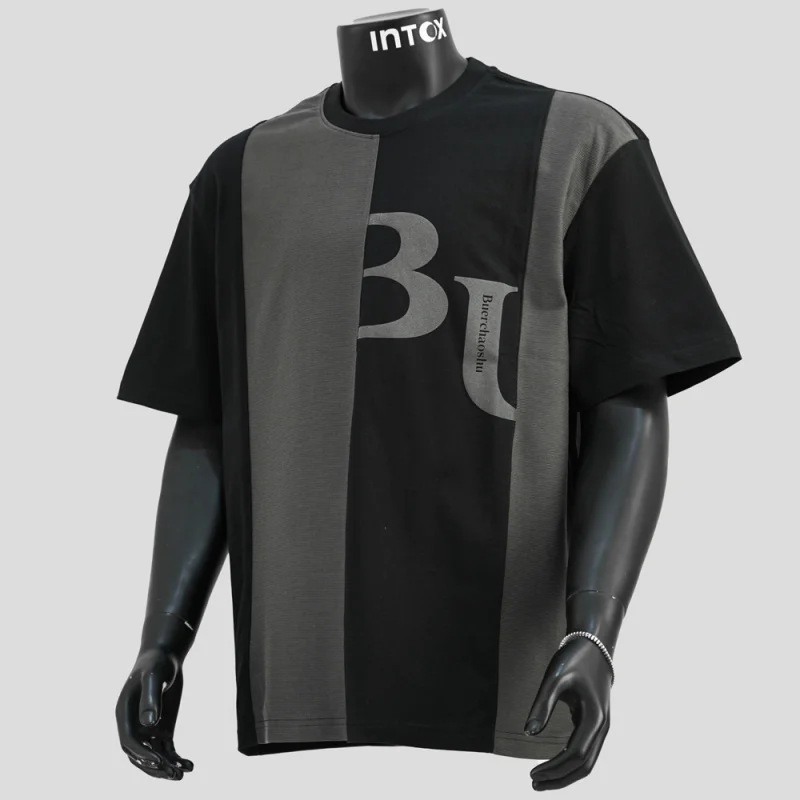 تي شيرت عصري بأكمام قصيرة للرجال صيفي مرقع ياباني متباين برقبة دائرية #2